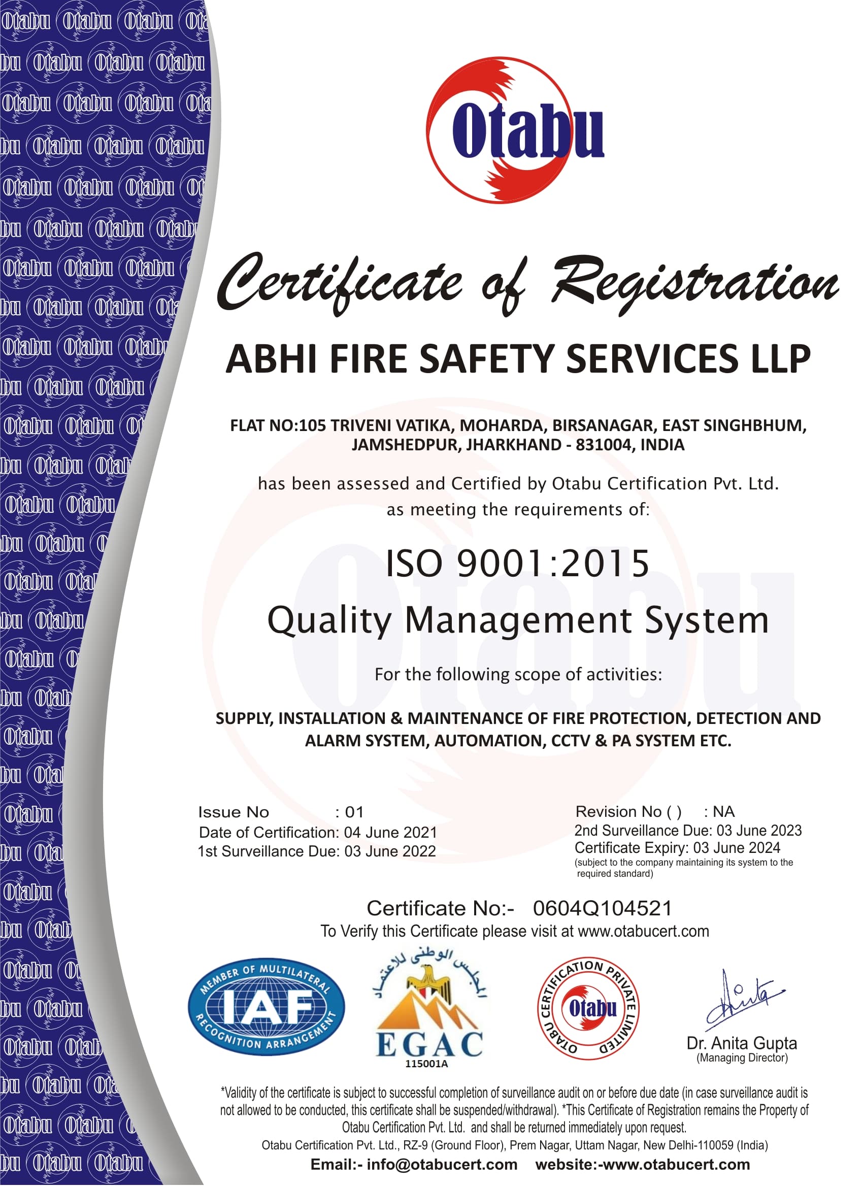 Archived ISO 9001:2015 Quality Management System certificate for Abhi Fire Safety Services LLP; the document lists expiry in June 2024
