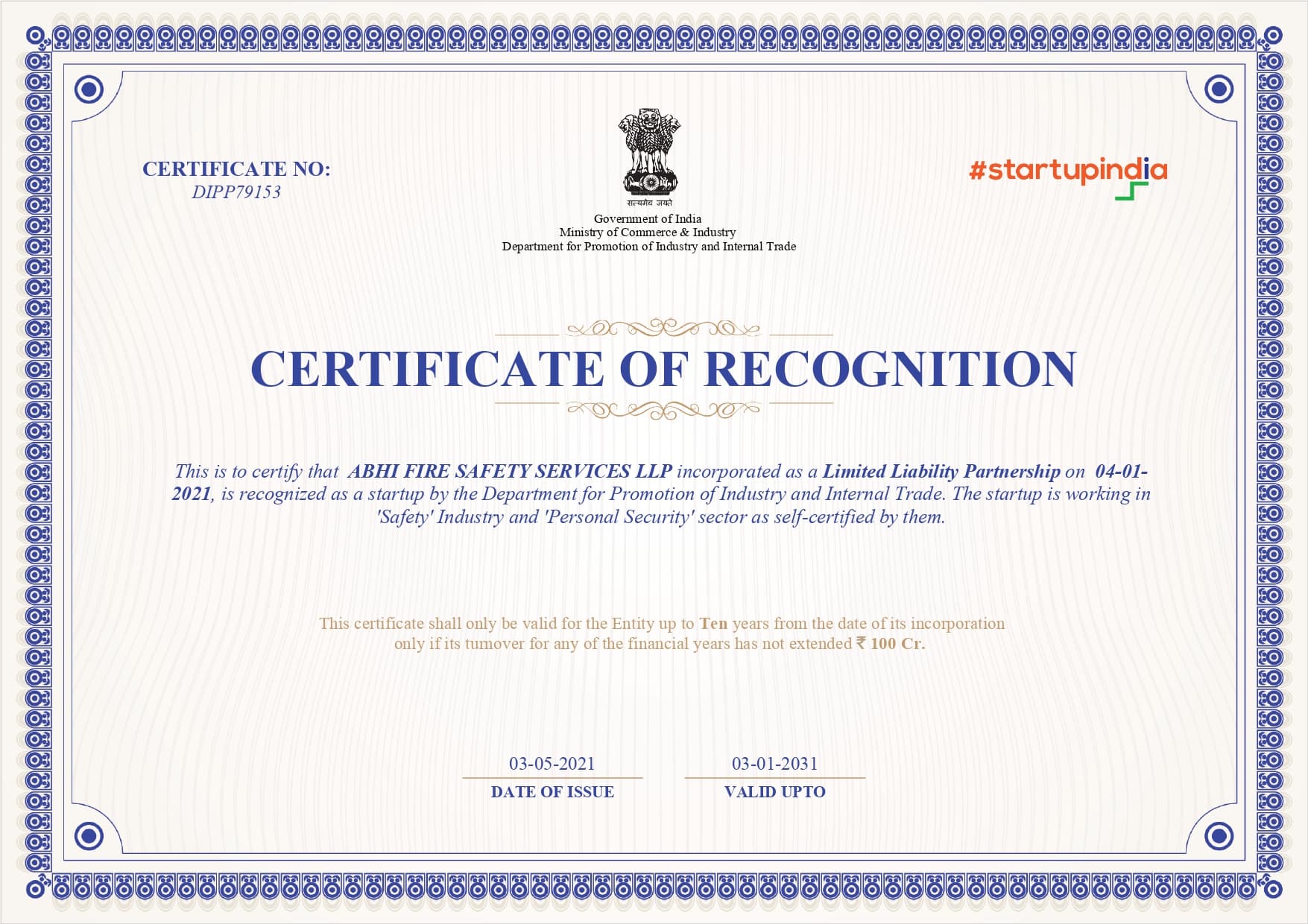 Archived Startup India Certificate of Recognition issued to Abhi Fire Safety Services LLP in 2021